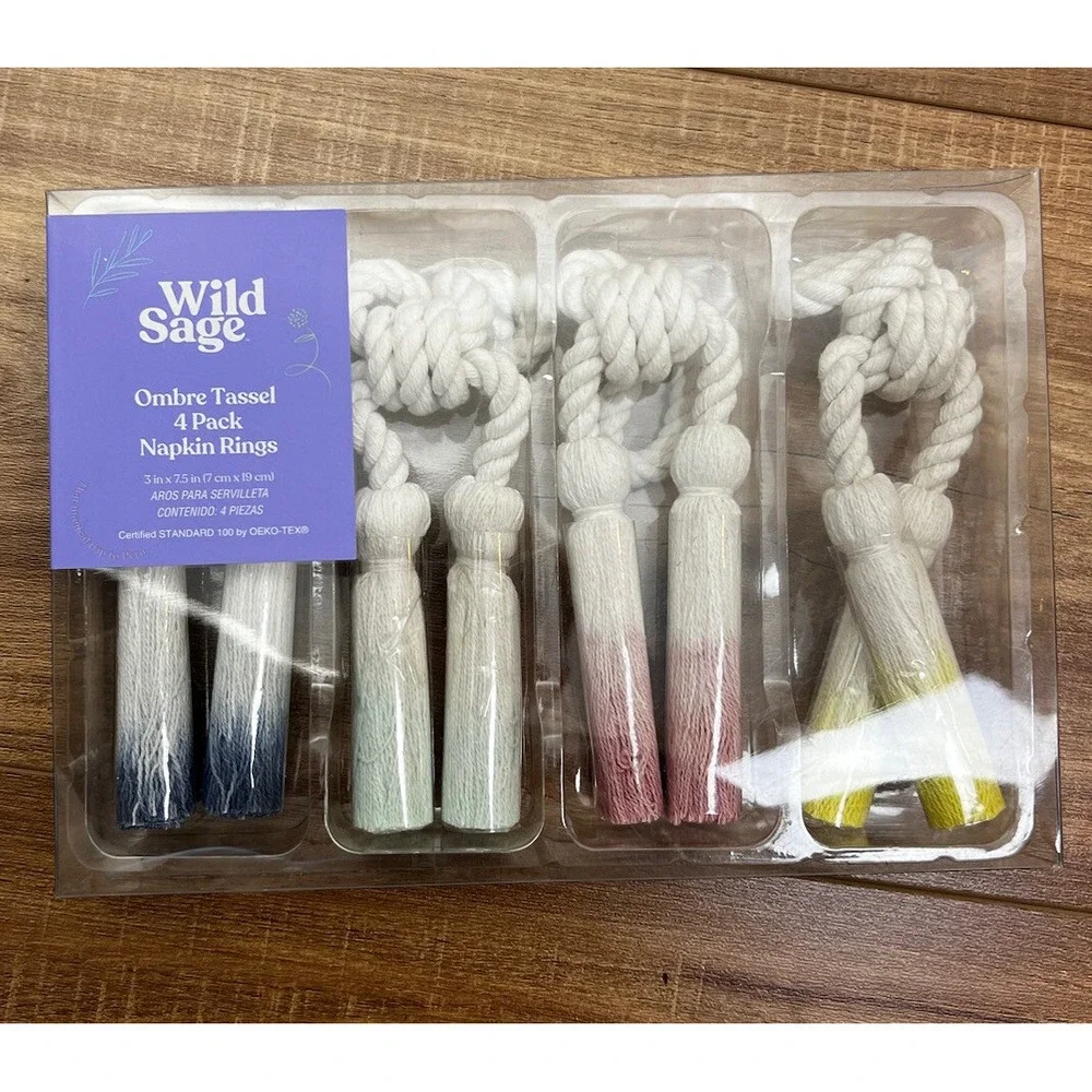 NEW WILD SAGE OMBRE TASSEL 4 PACK NAPKIN‎ RINGS